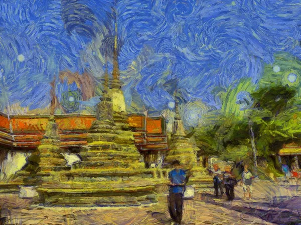 Tájkép Wat Pho Bangkokban Illusztrációk Létrehoz Egy Impresszionista Stílus Festészet — Stock Fotó