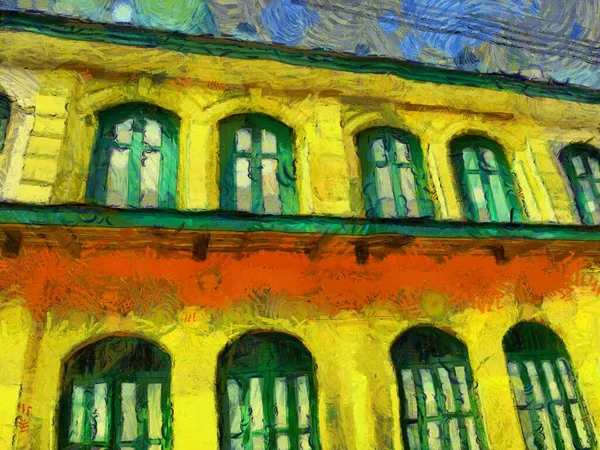 Gelbe Landschaft Alter Gotischer Gebäude Illustrationen Schafft Einen Impressionistischen Malstil — Stockfoto