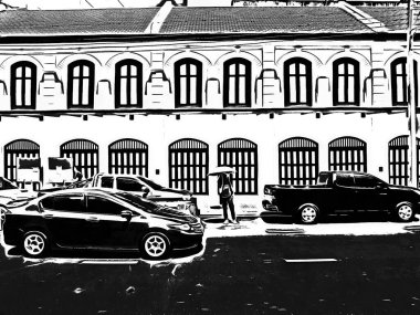 Bangkok sokaklarının manzarası Siyah beyaz çizimler.