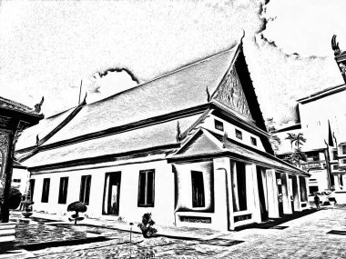 Eski Tayland mimari manzarası Siyah ve beyaz çizimler.