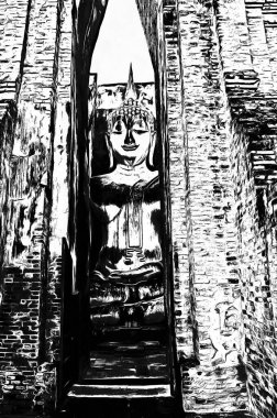 Eski Tayland mimari manzarası Siyah ve beyaz çizimler.