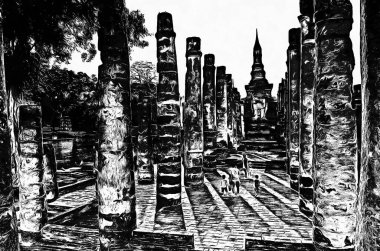 Eski Tayland mimari manzarası Siyah ve beyaz çizimler.