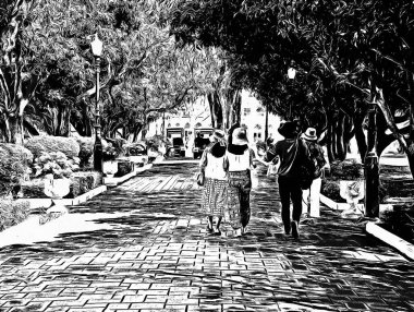 Park manzarası Siyah beyaz çizimler.