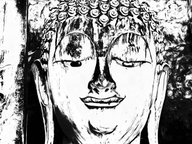 Eski Tayland mimari manzarası Siyah ve beyaz çizimler.