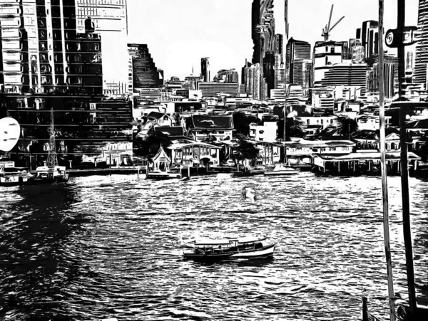 曼谷城市高楼大厦的景观黑白照片 — 图库照片