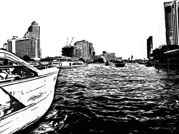 Paisaje Del Río Chao Phraya Bangkok Ilustraciones Blanco Negro —  Fotos de Stock