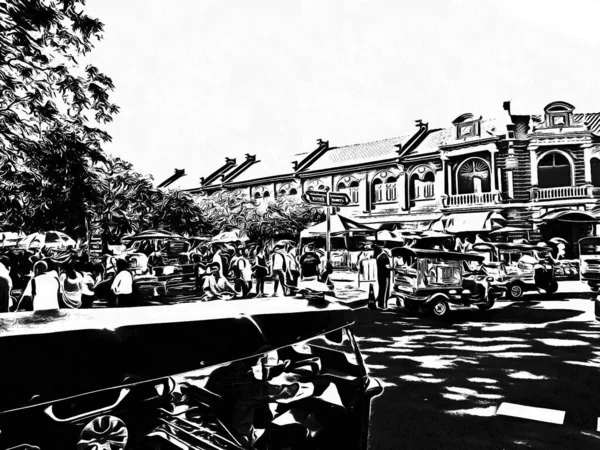 Tájkép Környékén Grand Palace Bangkokban Fekete Fehér Illusztrációk — Stock Fotó