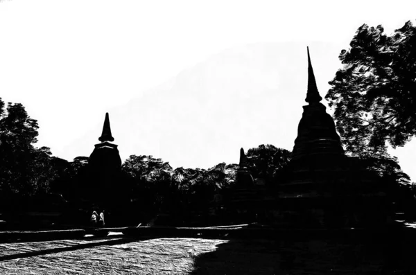 Ancient Thai Architecture Landscape Black White Illustrations — Stock Photo, Image