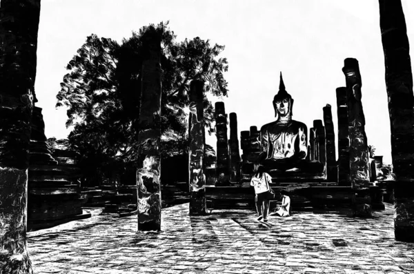 古代タイの建築風景黒と白のイラスト — ストック写真
