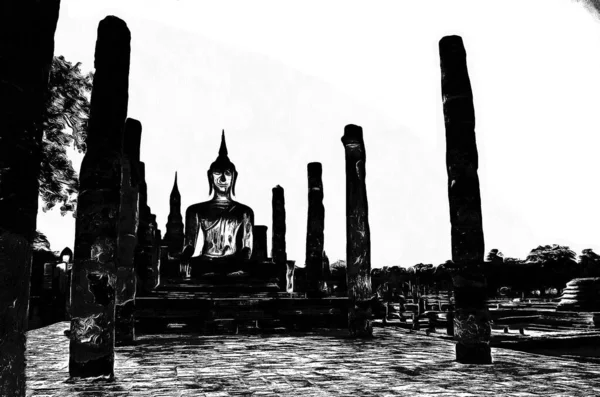 Alte Thailändische Architektur Landschaft Schwarz Weiß Illustrationen — Stockfoto