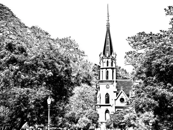 Pemandangan Kuning Gereja Gereja Gothic Kuno Ilustrasi Hitam Dan Putih — Stok Foto