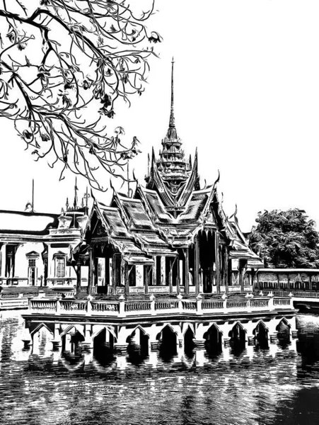 Landschap Van Bang Paleis Thailand Zwart Wit Illustraties — Stockfoto