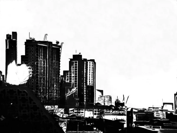 Paisaje Edificios Altos Ciudad Bangkok Ilustraciones Blanco Negro —  Fotos de Stock