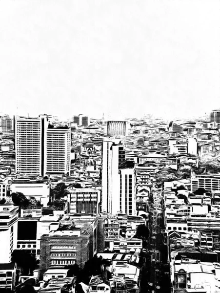 曼谷城市高楼大厦的景观黑白照片 — 图库照片