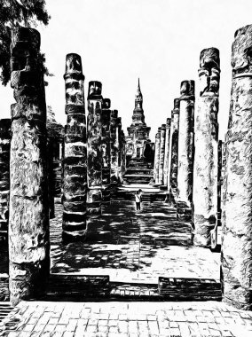 Eski Tayland mimari manzarası Siyah ve beyaz çizimler.