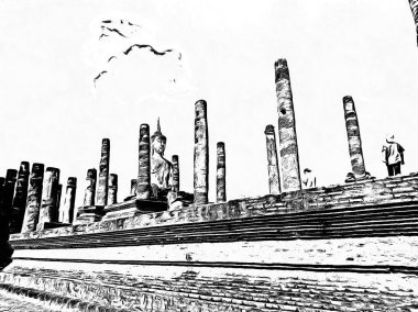 Eski Tayland mimari manzarası Siyah ve beyaz çizimler.