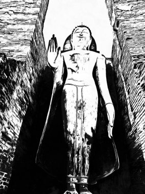 Eski Tayland mimari manzarası Siyah ve beyaz çizimler.