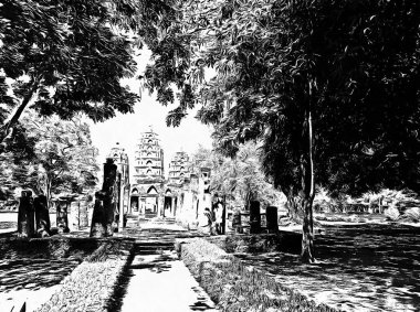 Eski Tayland mimari manzarası Siyah ve beyaz çizimler.