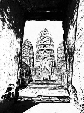 Eski Tayland mimari manzarası Siyah ve beyaz çizimler.