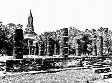 Eski Tayland mimari manzarası Siyah ve beyaz çizimler.