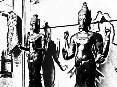 Tanrı 'nın antik heykeli Siyah ve Beyaz çizimler.