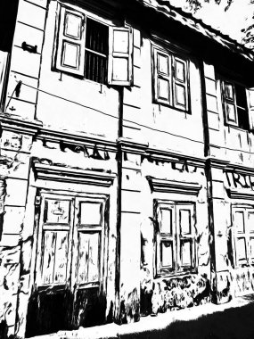 Eski terk edilmiş binaların manzarası Siyah ve beyaz çizimler.