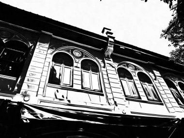 Bangkok 'taki Büyük Saray' ın çevresindeki manzara Siyah ve Beyaz Çizimler.