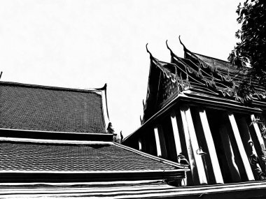 Wat Pho 'nun Bangkok' taki manzarası Siyah beyaz çizimler.