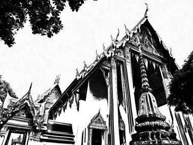 Wat Pho 'nun Bangkok' taki manzarası Siyah beyaz çizimler.