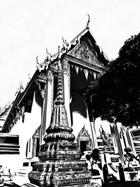 Wat Pho 'nun Bangkok' taki manzarası Siyah beyaz çizimler.