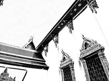 Wat Pho 'nun Bangkok' taki manzarası Siyah beyaz çizimler.