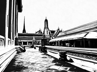 Wat Pho 'nun Bangkok' taki manzarası Siyah beyaz çizimler.