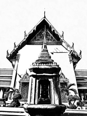 Wat Pho 'nun Bangkok' taki manzarası Siyah beyaz çizimler.