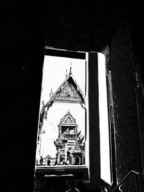 Wat Pho 'nun Bangkok' taki manzarası Siyah beyaz çizimler.