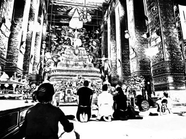 Wat Pho 'nun Bangkok' taki manzarası Siyah beyaz çizimler.
