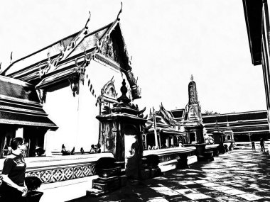 Wat Pho 'nun Bangkok' taki manzarası Siyah beyaz çizimler.