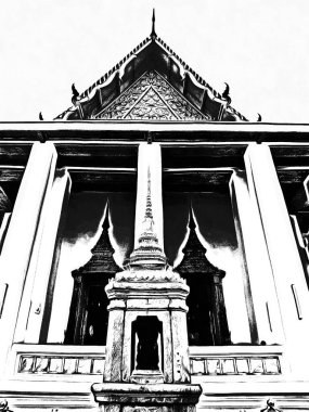 Wat Pho 'nun Bangkok' taki manzarası Siyah beyaz çizimler.