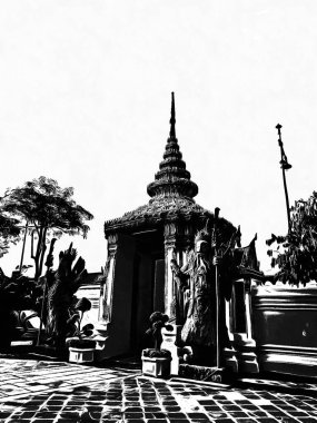 Wat Pho 'nun Bangkok' taki manzarası Siyah beyaz çizimler.