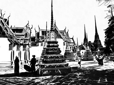 Wat Pho 'nun Bangkok' taki manzarası Siyah beyaz çizimler.