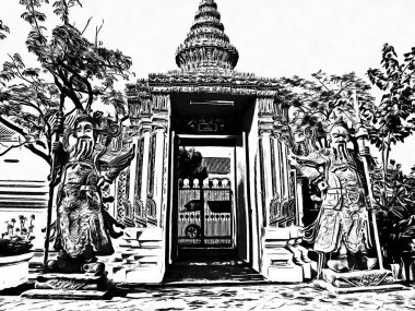 Wat Pho 'nun Bangkok' taki manzarası Siyah beyaz çizimler.