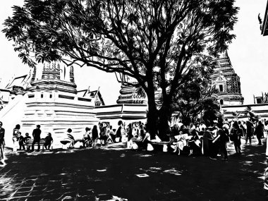 Wat Pho 'nun Bangkok' taki manzarası Siyah beyaz çizimler.