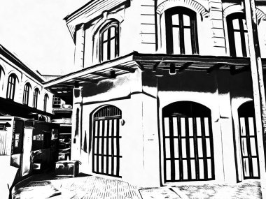 Eski binaların manzarası Siyah beyaz çizimler.