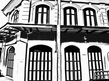 Eski binaların manzarası Siyah beyaz çizimler.
