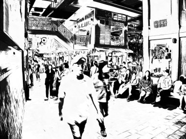 Alışveriş merkezindeki insanların manzarası. Siyah beyaz çizimler..