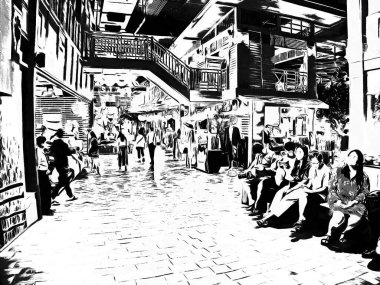 Alışveriş merkezindeki insanların manzarası. Siyah beyaz çizimler..