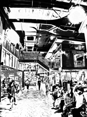 Alışveriş merkezindeki insanların manzarası. Siyah beyaz çizimler..