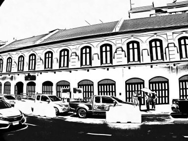 Eski binaların manzarası Siyah beyaz çizimler.