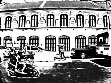 Eski binaların manzarası Siyah beyaz çizimler.