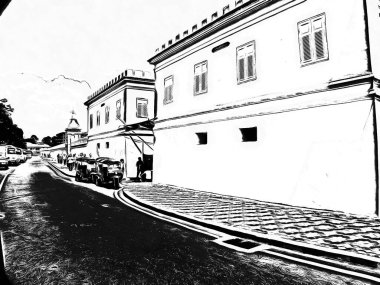 Bangkok 'taki Büyük Saray' ın çevresindeki manzara Siyah ve Beyaz Çizimler.