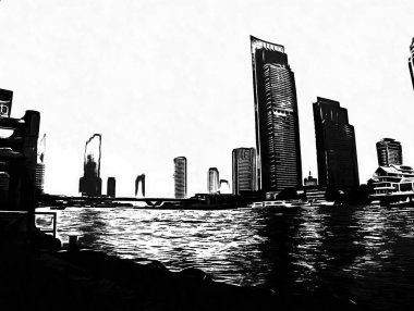 Bangkok 'taki Chao Phraya Nehri' nin manzarası Siyah ve Beyaz Çizimler.